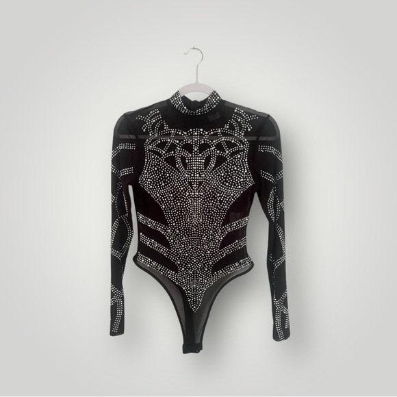 Spirit Sheer Black Ornate Bodysuit with Embellished Silver Studding - Picture 1 of 3